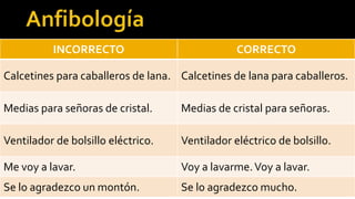 INCORRECTO                            CORRECTO

Calcetines para caballeros de lana. Calcetines de lana para caballeros.

Medias para señoras de cristal.     Medias de cristal para señoras.

Ventilador de bolsillo eléctrico.   Ventilador eléctrico de bolsillo.

Me voy a lavar.                     Voy a lavarme. Voy a lavar.
Se lo agradezco un montón.          Se lo agradezco mucho.
 
