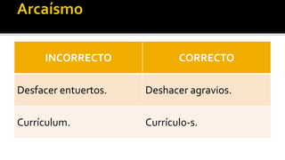 INCORRECTO              CORRECTO

Desfacer entuertos.   Deshacer agravios.

Currículum.           Currículo-s.
 