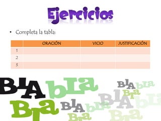 • Completa la tabla:
ORACIÓN VICIO JUSTIFICACIÓN
1
2
3
 
