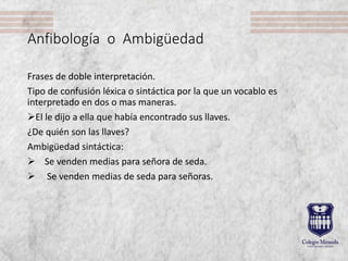 Anfibología o Ambigüedad
Frases de doble interpretación.
Tipo de confusión léxica o sintáctica por la que un vocablo es
interpretado en dos o mas maneras.
El le dijo a ella que había encontrado sus llaves.
¿De quién son las llaves?
Ambigüedad sintáctica:
 Se venden medias para señora de seda.
 Se venden medias de seda para señoras.
 