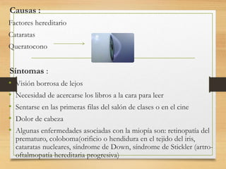 Causas :
Factores hereditario
Cataratas
Queratocono
Síntomas :
• Visión borrosa de lejos
• Necesidad de acercarse los libros a la cara para leer
• Sentarse en las primeras filas del salón de clases o en el cine
• Dolor de cabeza
• Algunas enfermedades asociadas con la miopía son: retinopatía del
prematuro, coloboma(orificio o hendidura en el tejido del iris,
cataratas nucleares, síndrome de Down, síndrome de Stickler (artro-
oftalmopatía hereditaria progresiva)
 