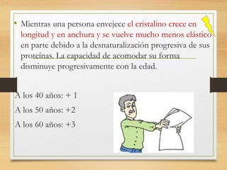 • Mientras una persona envejece el cristalino crece en
longitud y en anchura y se vuelve mucho menos elástico
en parte debido a la desnaturalización progresiva de sus
proteínas. La capacidad de acomodar su forma
disminuye progresivamente con la edad.
A los 40 años: + 1
A los 50 años: +2
A los 60 años: +3
 