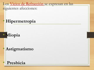 Los Vicios de Refracción se expresan en las
siguientes afecciones:
• Hipermetropía
• Miopía
• Astigmatismo
• Presbicia
 