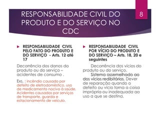 RESPONSABILIDADE CIVIL DO
PRODUTO E DO SERVIÇO NO
CDC
 RESPONSABILIDADE CIVIL
PELO FATO DO PRODUTO E
DO SERVIÇO - Arts. 12 até
17
Decorrência dos danos do
produto ou do serviço –
acidentes de consumo .
Exs. : incêndio causado por
defeito de eletrodoméstico, uso
de medicamento nocivo à saúde.
Acidentes causados por serviços
de transporte, guarda e
estacionamento de veículo.
 RESPONSABILIDADE CIVIL
POR VÍCIO DO PRODUTO E
DO SERVIÇO – Arts. 18, 20 e
seguintes
Decorrência dos vícios do
produto ou do serviço.
Sistema assemelhado ao
dos vícios redibitórios. Dever
de reparação quando o
defeito ou vício torna a coisa
imprópria ou inadequada ao
uso a que se destina.
8
 