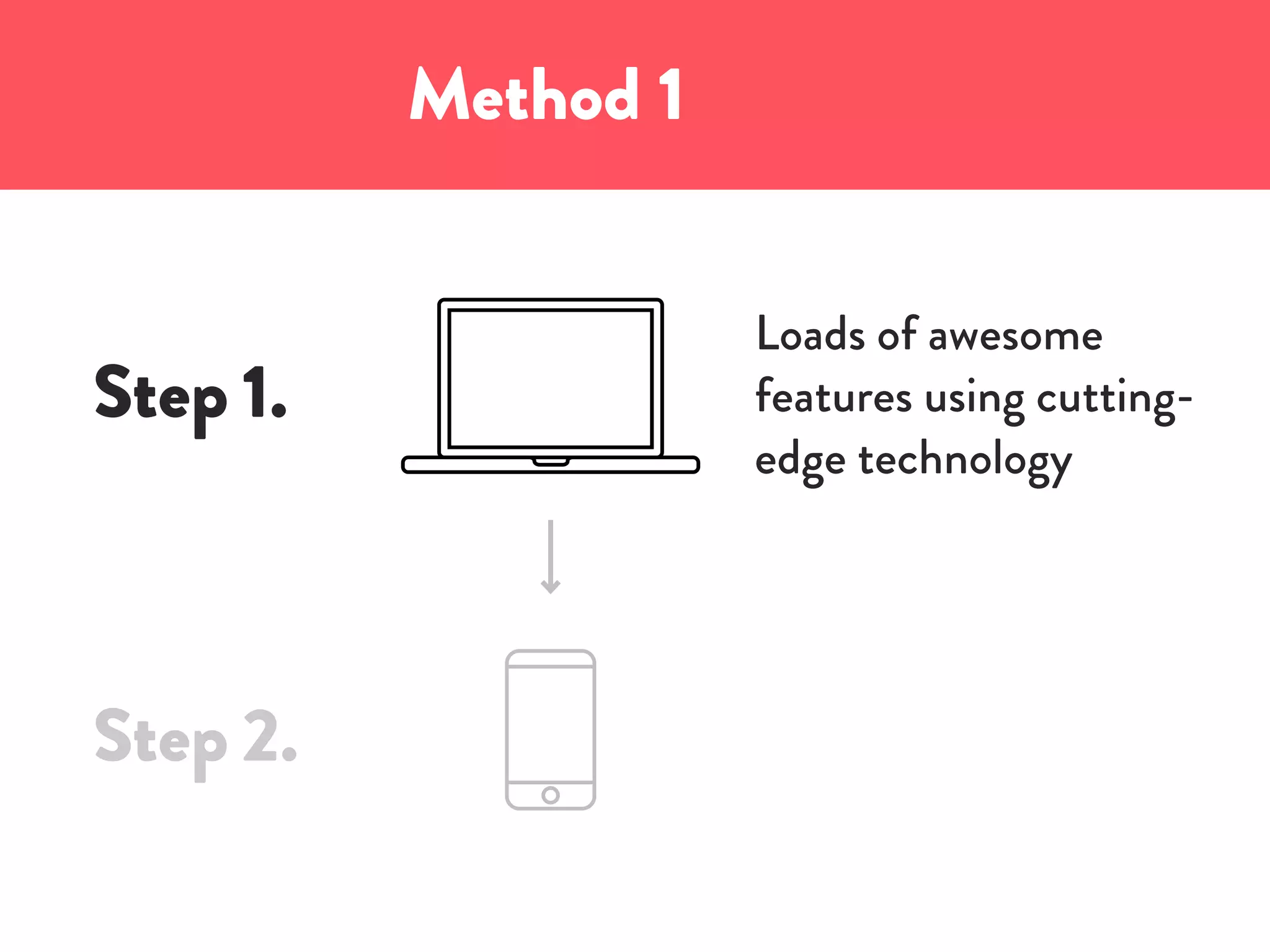 Method 1
Step 1.
Loads of awesome
features using cutting-
edge technology
Step 2.
 