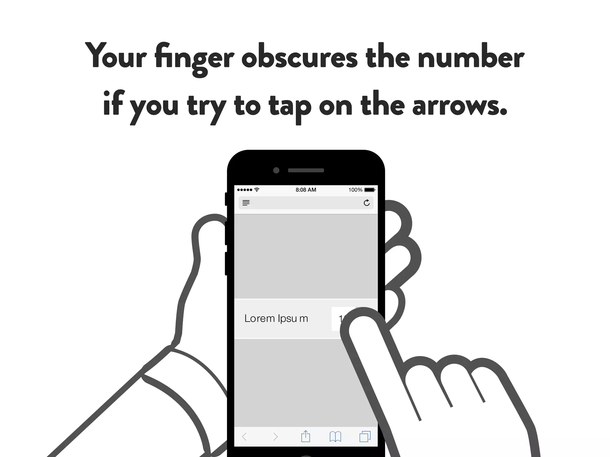 Your finger obscures the number
if you try to tap on the arrows.
12Lorem Ipsu m
100%8:08 AM
 