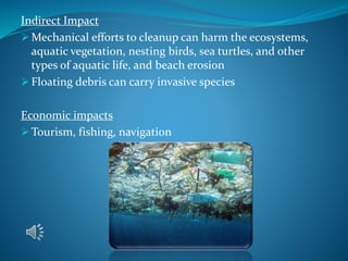 Indirect Impact
 Mechanical efforts to cleanup can harm the ecosystems,
aquatic vegetation, nesting birds, sea turtles, and other
types of aquatic life, and beach erosion
 Floating debris can carry invasive species
Economic impacts
 Tourism, fishing, navigation
 