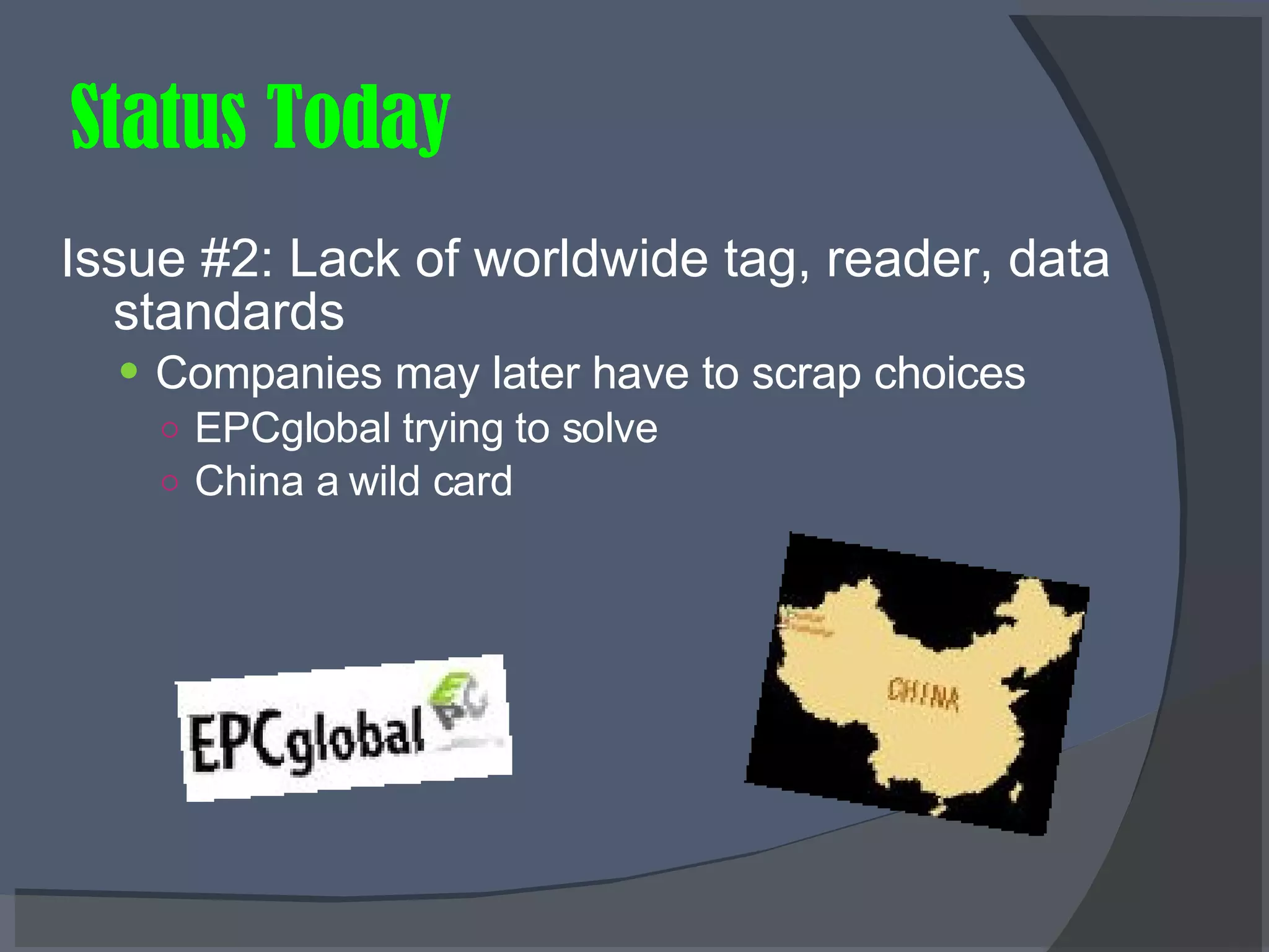 Status Today Issue #2: Lack of worldwide tag, reader, data standards   Companies may later have to scrap choices EPCglobal trying to solve China a wild card 