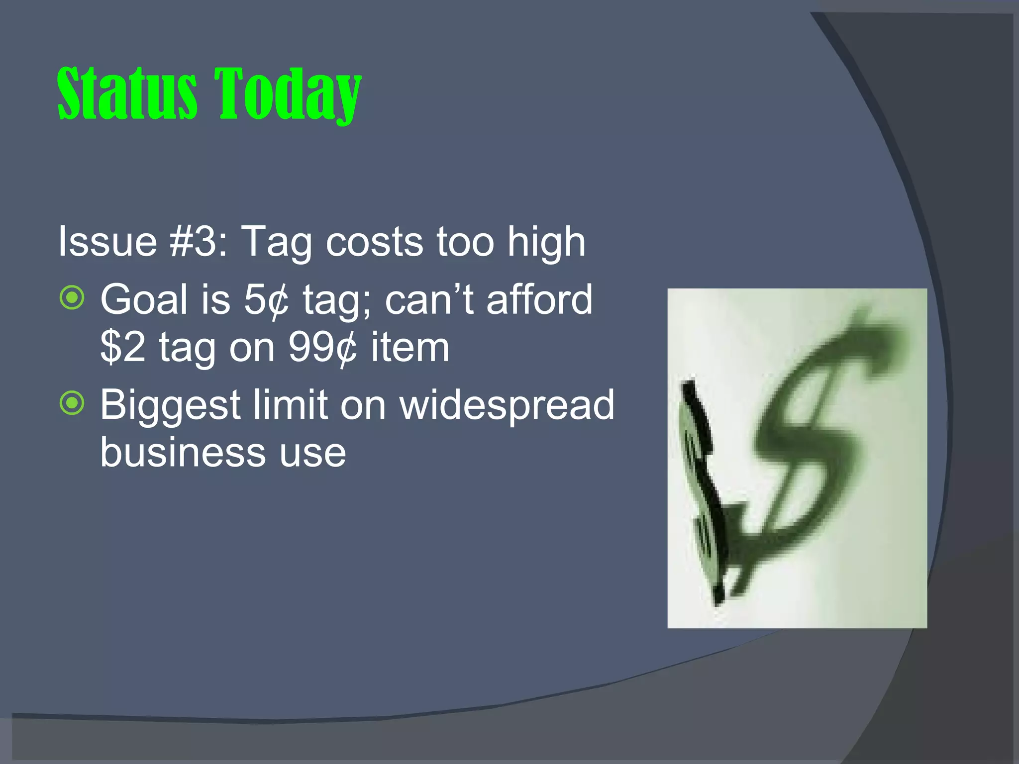 Status Today Issue #3: Tag costs too high Goal is 5¢ tag; can’t afford $2 tag on 99¢ item Biggest limit on widespread business use 