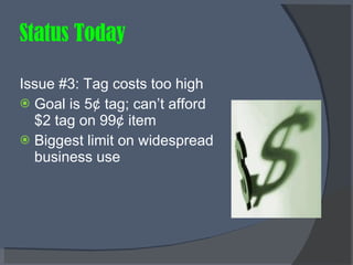 Status Today Issue #3: Tag costs too high Goal is 5¢ tag; can’t afford $2 tag on 99¢ item Biggest limit on widespread business use 