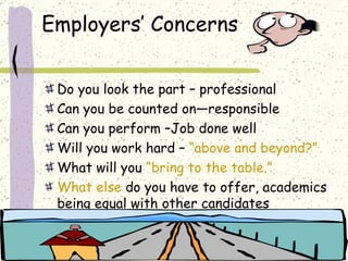 Employers’ Concerns   Do you look the part – professional Can you be counted on—responsible Can you perform –Job done well Will you work hard –  “above and beyond?” What will you  “bring to the table.” What else  do you have to offer, academics being equal with other candidates 