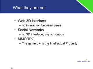 What they are not Web 3D interface no interaction between users Social Networks no 3D interface, asynchronous MMORPG The game owns the Intellectual Property 