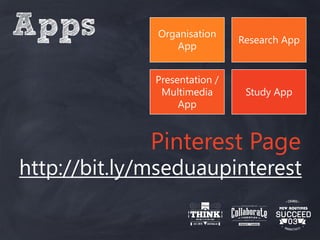 Apps Organisation
App
Research App
Presentation /
Multimedia
App
Study App
Pinterest Page
http://bit.ly/mseduaupinterest
 