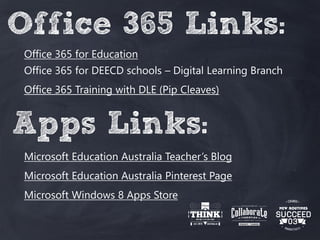 Office 365 Links:
Office 365 for Education
Office 365 for DEECD schools – Digital Learning Branch
Office 365 Training with DLE (Pip Cleaves)
Apps Links:
Microsoft Education Australia Teacher’s Blog
Microsoft Education Australia Pinterest Page
Microsoft Windows 8 Apps Store
 