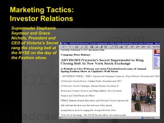 Marketing Tactics:  Investor Relations Supermodel Stephanie Seymour and Grace Nichols, President and CEO of Victoria’s Sec...