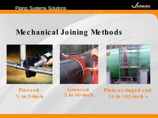 Grooved  2 to 60-inch Mechanical Joining Methods Pressed  ½ to 2-inch Plain or ringed end  16 to 192-inch + 