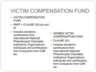 VICTIM COMPENSATION FUND
 VICTIM COMPENSATION
FUND
 PART I- CLAUSE 3(2) (e) and
(f)
 Includes donations,
contributions from
International/ National/
Philanthropist/ Charitable
institutions/ Organizations/
Individuals and contributions
from Companies from CSR
etc.
 WOMEN VICTIM
COMPENSATION FUND
 CLAUSE 3(2)
 Includes donations,
contributions from
International/ National/
Philanthropist/ Charitable
institutions/ Organizations/
Individuals and contributions
from Companies from CSR
etc.
 