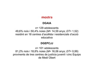 DGAIA
n= 129 adolescents
49,6% nois i 50,4% noies (M= 14,59 anys; DT= 1,52)
residint en 18 centres d’acollida i residencials d’acció
educativa
mostra
DGEPCJJ
n= 101 adolescents
81,2% nois i 18,8% noies (M= 16,06 anys; DT= 0,99)
provinents de tres centres de justícia juvenil i cinc Equips
de Medi Obert
 