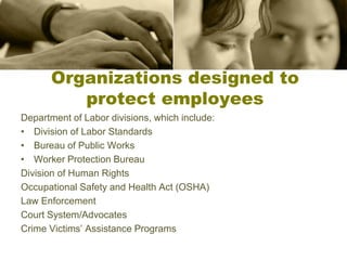 Organizations designed to
protect employees
Department of Labor divisions, which include:
• Division of Labor Standards
• Bureau of Public Works
• Worker Protection Bureau
Division of Human Rights
Occupational Safety and Health Act (OSHA)
Law Enforcement
Court System/Advocates
Crime Victims’ Assistance Programs
 