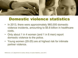 Domestic violence statistics
• In 2013, there were approximately 960,000 domestic
violence incidents, amounting to $5.8 billion in healthcare
costs.
• Only about 1 in 4 women (and 1 in 6 men) report
domestic violence to the police.
• Young women (20-25) are at highest risk for intimate
partner violence.
Reference: U.S. Department of Justice, Bureau of Justice Statistics, June 2013
 