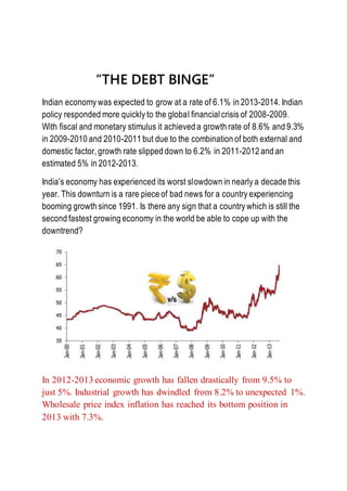 “THE DEBT BINGE”
Indian economy was expected to grow at a rate of 6.1% in 2013-2014. Indian
policy responded more quickly to the global financial crisis of 2008-2009.
With fiscal and monetary stimulus it achieved a growth rate of 8.6% and 9.3%
in 2009-2010 and 2010-2011 but due to the combination of both external and
domestic factor, growth rate slipped down to 6.2% in 2011-2012 and an
estimated 5% in 2012-2013.
India’s economy has experienced its worst slowdown in nearly a decade this
year. This downturn is a rare piece of bad news for a country experiencing
booming growth since 1991. Is there any sign that a country which is still the
second fastest growing economy in the world be able to cope up with the
downtrend?
In 2012-2013 economic growth has fallen drastically from 9.5% to
just 5%. Industrial growth has dwindled from 8.2% to unexpected 1%.
Wholesale price index inflation has reached its bottom position in
2013 with 7.3%.
 