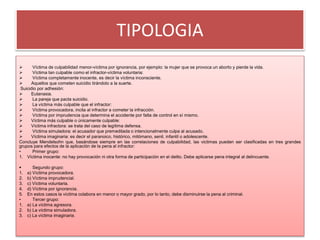 TIPOLOGIA
 Víctima de culpabilidad menor-víctima por ignorancia, por ejemplo: la mujer que se provoca un aborto y pierde la vida.
 Víctima tan culpable como el infractor-víctima voluntaria:
 Víctima completamente inocente, es decir la víctima inconsciente.
 Aquellos que cometen suicidio tirándolo a la suerte.
Suicidio por adhesión:
 Eutanasia.
 La pareja que pacta suicidio.
 La víctima más culpable que el infractor:
 Víctima provocadora, incita al infractor a cometer la infracción.
 Víctima por imprudencia que determina el accidente por falta de control en sí mismo.
 Víctima más culpable o únicamente culpable:
 Víctima infractora: se trata del caso de legítima defensa.
 Víctima simuladora: el acusador que premeditada o intencionalmente culpa al acusado.
 Víctima imaginaria: es decir el paranoico, histórico, mitómano, senil, infantil o adolescente.
Concluye Mendelsohn que, basándose siempre en las correlaciones de culpabilidad, las victimas pueden ser clasificadas en tres grandes
grupos para efectos de la aplicación de la pena al infractor:
• Primer grupo:
1. Víctima inocente: no hay provocación ni otra forma de participación en el delito. Debe aplicarse pena integral al delincuente.
 Segundo grupo:
1. a) Víctima provocadora.
2. b) Víctima imprudencial.
3. c) Víctima voluntaria.
4. d) Víctima por ignorancia.
5. En estos casos la víctima colabora en menor o mayor grado, por lo tanto, debe disminuirse la pena al criminal.
• Tercer grupo:
1. a) La víctima agresora.
2. b) La víctima simuladora.
3. c) La víctima imaginaria.
 