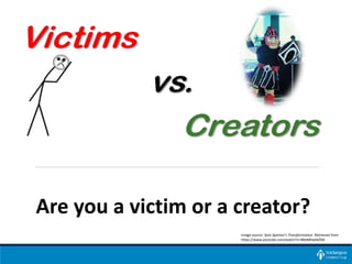 Are you a victim or a creator?
Image source: Sam Spartan’s Transformation. Retrieved from
https://www.youtube.com/watch?v=BBxMKw0eZ9A
 