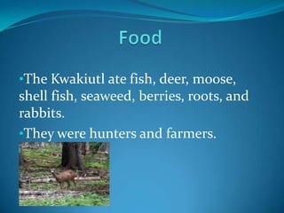 They had a lot of children and a single dwelling with a three of five stories.FoodThe Kwakiutl ate fish, deer, moose, shell fish, seaweed, berries, roots, and rabbits.