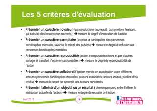 Les 5 critères d’évaluation
•  Présenter un caractère novateur (qui introduit une nouveauté, qui améliore l’existant,
   qui satisfait des besoins non couverts) è mesure le degré d’innovation de l’action
•  Présenter un caractère exemplaire (favorise la participation des personnes
   handicapées mentales, favorise la mixité des publics) è mesure le degré d’inclusion des
   personnes handicapées mentales
•  Présenter un caractère reproductible (action transposable ailleurs et par d’autres,
   partage et transfert d’expériences possibles) è mesure le degré de reproductibilité de
   l’action
•  Présenter un caractère collaboratif (action menée en coopération avec différents
   acteurs (personnes handicapées mentales, acteurs associatifs, acteurs locaux, publics et/ou
   privés) è mesure le degré de synergie des acteurs concernés
•  Présenter l’atteinte d’un objectif ou un résultat ( chemin parcouru entre l’idée et la
   réalisation actuelle de l’action) è mesure le degré de réussite de l’action
 Avril 2012                                   14
 