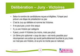 Délibération – Jury - Victoires

•  Selon le nombre de candidatures reçues et éligibles, l’Urapei peut
   prévoir une étape de présélection ou pas
•  C’est le Jury qui délibère et nomme les Victoires
•  Il ne peut pas y avoir d’ex aequo
•  Il y a une Victoire par catégorie
•  Il peut y avoir 4 Victoires (ou moins, mais pas plus)
•  Un 5ème prix optionnel « coup de cœur » est rendu possible pour
   récompenser une action qui aurait particulièrement touchée le jury (mais
   ce n’est pas une Victoire, et ce prix ne monte pas en national)


 Avril 2012                       15
 