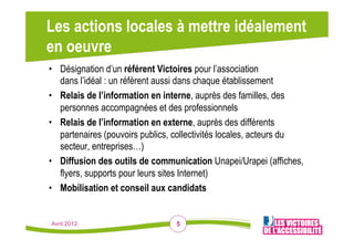 Les actions locales à mettre idéalement
en oeuvre
•  Désignation d’un référent Victoires pour l’association
   dans l’idéal : un réfèrent aussi dans chaque établissement
•  Relais de l’information en interne, auprès des familles, des
   personnes accompagnées et des professionnels
•  Relais de l’information en externe, auprès des différents
   partenaires (pouvoirs publics, collectivités locales, acteurs du
   secteur, entreprises…)
•  Diffusion des outils de communication Unapei/Urapei (affiches,
   flyers, supports pour leurs sites Internet)
•  Mobilisation et conseil aux candidats


Avril 2012                       5
 