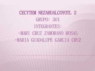 CECYTEM NEZAHUALCOYOTL 2 
GRUPO: 301 
INTEGRANTES: 
-MARI CRUZ ZAMORANO ROSAS 
-MARIA GUADALUPE GARCIA CRUZ 
 