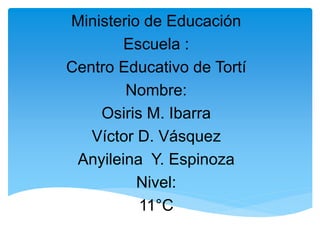 Ministerio de Educación
Escuela :
Centro Educativo de Tortí
Nombre:
Osiris M. Ibarra
Víctor D. Vásquez
Anyileina Y. Espinoza
Nivel:
11°C
 