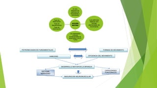 ACCIÓN
MOTRIZ
El niño
adquiere los
patrones de
movimiento y
habilidades
Los patrones
básicos son
formas
elementales de
movimiento
Las habilidades
motoras
fundamentales se
desarrollan a los 6-
7 años
Fase de
Maduración
Fase de
Mantenimiento
Fase de
Declinación
PATRONES BÁSICOS FUNDAMENTALES FORMAS DE MOVIMIENTO
HABILIDAD EFICIENCIA DEL MOVIMIENTO
DESARROLLO MOTOR EN LA INFANCIA
MADURACIÓN NEUROMUSCULAR
CAPACIDADES
FUNCIONALES
SISTEMA
NERVIOSO
 