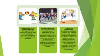 DESARROLLO DE LA
CONDUCTA MOTRIZ
Son logros que se
desarrollan paso a paso
y las habilidades
adquiridas preparan al
niño para aprender las
siguientes
CONDUCTA MOTRIZ
Son comportamientos y
acciones motrices
observables de una
persona en acción es la
etapa que se centra en el
equilibrio, la lateralidad, la
cordinación, la relajación,
la repiración, la
organización espacio-
temporal, la comunicación
gestual postural y tónica,
la adqusición de los
valores.
CONDUCTA
LOCOMOTRIZ
El estudiante ya adquirió
lo básico, esta etapa va
direccionada al equilibrio
comienza la adaptación
con el balón a manera de
juego es donde se
adquiere el dominio y
control del cuerpo, el
trabajo mecanizado es
muy importante
comienza a desarrollarse
para dejar de ser una
destreza y convertirse en
una habilidad.
 