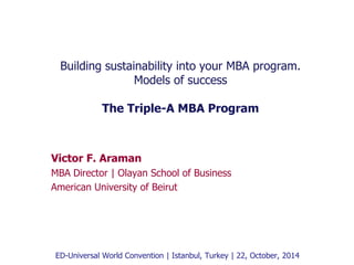 Building sustainability into your MBA program. 
Models of success 
The Triple-A MBA Program 
Victor F. Araman 
MBA Director | Olayan School of Business 
American University of Beirut 
AUB 
ED-Universal World Convention | Istanbul, Turkey | 22, October, 2014 
 