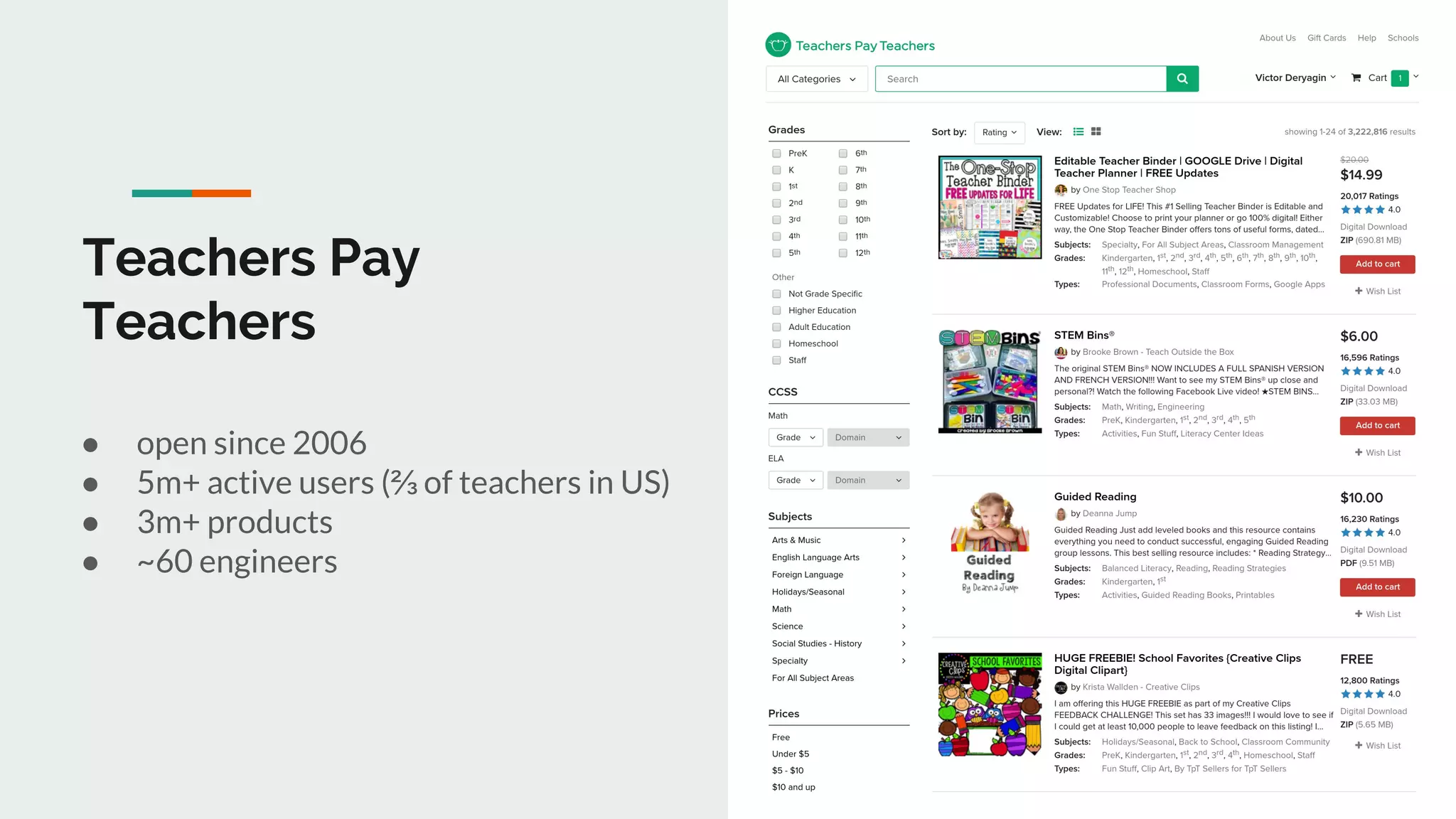 Teachers Pay
Teachers
● open since 2006
● 5m+ active users (⅔ of teachers in US)
● 3m+ products
● ~60 engineers
 