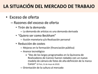 LA SITUACIÓN DEL MERCADO DE TRABAJO Exceso de oferta Razones del exceso de oferta Tirón de la demanda La demanda de artistas es una demanda derivada “ Quiero ser como Beckham” Ilusión monetaria y/o Realización personal Reducción de costes Mejoras en la formación (financiación pública) Avance tecnológico “ Dos de los largos programados en la Quincena de Realizadores de Cannes fueron rodados con un nuevo modelo de cámara de fotos de alta definición de la marca Canon”  (El País, 31 de mayo de 2010) Orientación de la cultura al mercado 