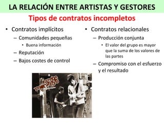 Tipos de contratos incompletos Contratos implícitos Comunidades pequeñas Buena información Reputación Bajos costes de control Contratos relacionales Producción conjunta El valor del grupo es mayor que la suma de los valores de las partes Compromiso con el esfuerzo y el resultado LA RELACIÓN ENTRE ARTISTAS Y GESTORES 