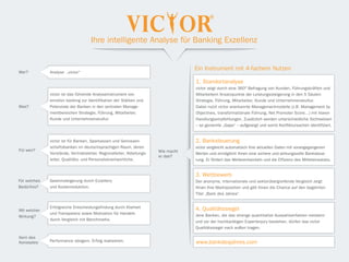 Ihre intelligente Analyse für Banking Exzellenz


                                                                                    Ein Instrument mit 4-fachem Nutzen
Wer?          Analyse „victor“

                                                                                    1. Standortanalyse
                                                                                    victor zeigt durch eine 360° Befragung von Kunden, Führungskräften und
              victor ist das führende Analyseinstrument von                         Mitarbeitern Ansatzpunkte der Leistungssteigerung in den 5 Säulen:
              emotion banking zur Identifikation der Stärken und                    Strategie, Führung, Mitarbeiter, Kunde und Unternehmenskultur.
Was?          Potenziale der Banken in den zentralen Manage-                        Dabei nutzt victor anerkannte Managementmodelle (z.B. Management by
              mentbereichen Strategie, Führung, Mitarbeiter,                        Objectives, transformationale Führung, Net Promoter Score…) mit klaren
              Kunde und Unternehmenskultur.                                         Handlungsempfehlungen. Zusätzlich werden unterschiedliche Sichtweisen
                                                                                    – so genannte „Gaps“ – aufgezeigt und somit Konfliktursachen identifiziert.


              victor ist für Banken, Sparkassen und Genossen-                       2. Banksteuerung
              schaftsbanken im deutschsprachigen Raum, deren                        victor vergleicht automatisch Ihre aktuellen Daten mit vorangegangenen
Für wen?                                                                Wie macht
              Vorstände, Vertriebsleiter, Regionalleiter, Abteilungs-               Werten und ermöglicht Ihnen eine sichere und wirkungsvolle Banksteue-
                                                                        er das?
              leiter, Qualitäts- und Personalverantwortliche.                       rung. Er fördert das Weiterentwickeln und die Effizienz des Mitteleinsatzes.


                                                                                    3. Wettbewerb
Für welches   Gewinnsteigerung durch Exzellenz                                      Der anonyme, internationale und sektorübergreifende Vergleich zeigt
Bedürfnis?    und Kostenreduktion.                                                  Ihnen Ihre Marktposition und gibt Ihnen die Chance auf den begehrten
                                                                                    Titel „Bank des Jahres“.


              Erfolgreiche Entscheidungsfindung durch Klarheit                      4. Qualitätssiegel
Mit welcher
              und Transparenz sowie Motivation für Handeln                          Jene Banken, die das strenge quantitative Auswahlverfahren meistern
Wirkung?
              durch Vergleich mit Benchmarks.                                       und vor der hochkarätigen Expertenjury bestehen, dürfen das victor
                                                                                    Qualitätssiegel nach außen tragen.

Kern des
Konzeptes     Performance steigern. Erfolg realisieren.                             www.bankdesjahres.com
 