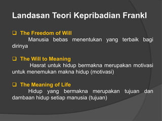 Landasan Teori Kepribadian Frankl
 The Freedom of Will
Manusia bebas menentukan yang terbaik bagi
dirinya
 The Will to Meaning
Hasrat untuk hidup bermakna merupakan motivasi
untuk menemukan makna hidup (motivasi)
 The Meaning of Life
Hidup yang bermakna merupakan tujuan dan
dambaan hidup setiap manusia (tujuan)
 