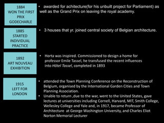 1884
WON THE FIRST
PRIX
GODECHARLE

• awarded for achitecture(for his unbuilt project for Parliament) as
well as the Grand Prix on leaving the royal academy.

1885
STARTED
INDIVIDUAL
PRACTICE

• 3 houses that yr. joined central society of Belgian architecture.

1892
ART NOUVEAU
EXHIBITION

1915
LEFT FOR
LONDON

• Horta was inspired. Commissioned to design a home for
professor Emile Tassel, he transfused the recent influences
into Hôtel Tassel, completed in 1893

• attended the Town Planning Conference on the Reconstruction of
Belgium, organised by the International Garden Cities and Town
Planning Association.
• Unable to return ,due to the war, went to the United States, gave
lectures at universities including Cornell, Harvard, MIT, Smith College,
Wellesley College and Yale and, in 1917, became Professor of
Architecture at George Washington University, and Charles Eliot
Norton Memorial Lecturer

 