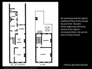 He revolutionized the typical
traditional Plan of the private
houses from Brussels
(three adjoining rooms) by
means of An organic
ornamental form. (As can be
seen of Hotel Tassel)

TYPICAL BELGIAN HOUSES
http://www.caans-acaen.ca/Journal/issues_online/Issue_VI_ii_1985/Tsihlias.pdf

 