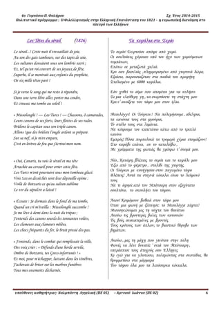 4ο Γυμνάσιο Π. Φαλήρου Σχ. Έτος 2014-2015
Πολιτιστικό πρόγραμμα : Ο Φιλελληνισμός στην Ελληνική Επανάσταση του 1821 - η ευρωπαϊκή διανόηση στο
πλευρό των Ελλήνων
υπεύθυνες καθηγήτριες: Ναλμπάντη Αγγελική (ΠΕ 05) – Αρτινού Ιωάννα (ΠΕ 02) 6
Les Têtes du sérail (1826)
Le sérail...! Cette nuit il tressaillait de joie.
Au son des gais tambours, sur des tapis de soie,
Les sultanes dansaient sous son lambris sacré ;
Et, tel qu'un roi couvert de ses joyaux de fête,
Superbe, il se montrait aux enfants du prophète,
De six mille têtes paré !
Si je verse le sang qui me reste à répandre,
Dans une terre libre allez porter ma cendre,
Et creusez ma tombe au soleil !
« Missolonghi ! — Les Turcs ! — Chassons, ô camarades,
Leurs canons de ses forts, leurs flottes de ses rades.
Brûlons le capitan sous son triple canon.
Allons !que des brûlots l'ongle ardent se prépare.
Sur sa nef, si je m'en empare,
C'est en lettres de feu que j'écrirai mon nom.
« Oui, Canaris, tu vois le sérail et ma tête
Arrachée au cercueil pour orner cette fête.
Les Turcs m'ont poursuivi sous mon tombeau glacé.
Vois !ces os desséchés sont leur dépouille opime :
Voilà de Botzaris ce qu'au sultan sublime
Le ver du sépulcre a laissé !
« Écoute : Je dormais dans le fond de ma tombe,
Quand un cri m'éveilla : Missolonghi succombe !
Je me lève à demi dans la nuit du trépas ;
J'entends des canons sourds les tonnantes volées,
Les clameurs aux clameurs mêlées,
Les chocs fréquents du fer, le bruit pressé des pas.
« J'entends, dans le combat qui remplissait la ville,
Des voix crier : « Défends d'une horde servile,
Ombre de Botzaris, tes Grecs infortunés ! »
Et moi, pour m'échapper, luttant dans les ténèbres,
J'achevais de briser sur les marbres funèbres
Tous mes ossements décharnés.
Tα κεφάλια στο Σεράι
Το σεράι! Σκιρτούσε απόψε από χαρά.
Οι σουλτάνες χόρευαν υπό τον ήχο των χαρούμενων
τυμπάνων,
Επάνω σε μεταξωτά χαλιά.
Και σαν βασιλιάς ,πλημμυρισμένο από γιορτινά δώρα,
Εξαίσιο, παρουσιαζόταν στα παιδιά του προφήτη
Στολισμένο με 6000 κεφάλια.
Εάν χυθεί το αίμα που απομένει για να κυλήσει
Σε μια ελεύθερη γη , να σκορπίσετε τη στάχτη μου
Και ν’ ανοίξετε τον τάφο μου στον ήλιο.
Μεσολόγγι! Οι Τούρκοι ! Να πολεμήσουμε , αδέλφια,
τα κανόνια τους στα φρούρια,
Το στόλο τους στα λιμάνια.
Να κάψουμε τον καπετάνιο κάτω από το τριπλό
κανόνι
Εμπρός! Πόσα πυρπολικά τα τρομερά χέρια ετοιμάζουν!
Στο καράβι επάνω, αν το καταλάβω ,
Με γράμματα της φωτιάς θα γράψω τ’ όνομά μου.
Ναι , Κανάρη, βλέπεις το σεράι και το κεφάλι μου
Έξω από το φέρετρο , στολίδι της γιορτής.
Οι Τούρκοι με κυνήγησαν στον παγωμένο τάφο
Βλέπεις! Αυτά τα στεγνά κόκαλα είναι το λείψανό
τους
Να τι άφησε από τον Μπότσαρη στον εξοχότατο
σουλτάνο, το σκουλήκι του τάφου.
Άκου! Κοιμόμουν βαθειά στον τάφο μου
Όταν μια φωνή με ξύπνησε: το Μεσολόγγι πέφτει!
Μισοσηκώνομαι μες τη νύχτα του θανάτου
Ακούω τις βροντερές βολές των κανονιών
Τις βοές ανακατεμένες με βροντές
Τους κρότους των όπλων, το βιαστικό θόρυβο των
βημάτων.
Ακούω , μες τη μάχη που γινόταν στην πόλη
Φωνές να λένε δυνατά: ‘ σκιά του Μπότσαρη ,
υπεράσπισε τους άτυχούς σου Έλληνες
Κι εγώ για να γλυτώσω, πολεμώντας στα σκοτάδια, θα
θρυμματίσω στα μάρμαρα
Του τάφου όλα μου τα λιπόσαρκα κόκκαλα.
 