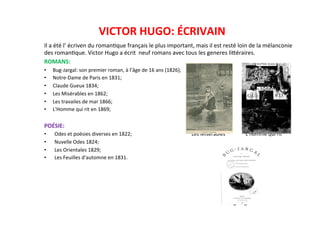 VICTOR	
  HUGO:	
  ÉCRIVAIN	
  
Il	
  a	
  été	
  l’	
  écriven	
  du	
  roman`que	
  français	
  le	
  plus	
  important,	
  mais	
  il	
  est	
  resté	
  loin	
  de	
  la	
  mélanconie	
  
des	
  roman`que.	
  Victor	
  Hugo	
  a	
  écrit	
  	
  neuf	
  romans	
  avec	
  tous	
  les	
  generes	
  liJéraires.	
  
ROMANS:	
  
•  Bug-­‐Jargal:	
  son	
  premier	
  roman,	
  à	
  l’âge	
  de	
  16	
  ans	
  (1826);	
  
•  Notre-­‐Dame	
  de	
  Paris	
  en	
  1831;	
  
•  Claude	
  Gueux	
  1834;	
  
•  Les	
  Misérables	
  en	
  1862;	
  
•  Les	
  travailes	
  de	
  mar	
  1866;	
  
•  L'Homme	
  qui	
  rit	
  en	
  1869;	
  
	
  
POÉSIE:	
  	
  	
  	
  	
  	
  	
  	
  	
  	
  	
  	
  	
  	
  	
  	
  	
  	
  	
  	
  	
  	
  	
  	
  	
  	
  	
  	
  	
  	
  	
  	
  	
  	
  	
  	
  	
  	
  	
  	
  	
  	
  	
  	
  	
  	
  	
  	
  	
  	
  	
  	
  	
  	
  	
  	
  	
  	
  	
  	
  	
  	
  	
  	
  	
  	
  	
  	
  	
  	
  	
  	
  	
  	
  	
  	
  	
  	
  	
  	
  	
  	
  	
  	
  	
  	
  	
  
•  Odes	
  et	
  poésies	
  diverses	
  en	
  1822;	
  	
  	
  	
  	
  	
  	
  	
  	
  	
  	
  	
  	
  	
  	
  	
  	
  	
  	
  	
  	
  	
  	
  	
  	
  	
  	
  	
  	
  	
  	
  	
  	
  	
  	
  	
  	
  	
  	
  	
  	
  	
  	
  	
  	
  	
  	
  Les	
  Misérables	
  	
  	
  	
  	
  	
  	
  	
  	
  	
  	
  	
  	
  	
  	
  	
  L’homme	
  qui	
  rit	
  
•  Nuvelle	
  Odes	
  1824;	
  	
  	
  	
  	
  	
  	
  	
  	
  	
  	
  	
  	
  	
  	
  	
  	
  	
  	
  	
  	
  	
  	
  	
  	
  	
  	
  	
  	
  	
  	
  	
  	
  	
  	
  	
  	
  	
  	
  	
  	
  	
  	
  	
  	
  	
  	
  	
  	
  	
  	
  	
  	
  	
  	
  	
  	
  	
  	
  	
  	
  	
  	
  	
  	
  	
  	
  	
  	
  	
  	
  	
  	
  	
  	
  
•  Les	
  Orientales	
  1829;	
  
•  Les	
  Feuilles	
  d'automne	
  en	
  1831.	
  	
  	
  	
  	
  	
  	
  	
  	
  	
  	
  	
  	
  	
  	
  	
  	
  	
  	
  	
  	
  	
  	
  	
  	
  	
  	
  	
  	
  	
  	
  	
  	
  	
  	
  	
  	
  	
  	
  	
  	
  	
  	
  	
  
	
  
	
  
	
  	
  	
  	
  	
  	
  	
  	
  	
  	
  	
  	
  	
  	
  	
  	
  	
  	
  	
  	
  	
  	
  	
  	
  	
  	
  	
  	
  	
  	
  	
  	
  	
  	
  	
  	
  	
  	
  	
  	
  	
  	
  	
  	
  	
  	
  	
  	
  	
  	
  	
  	
  	
  	
  	
  	
  	
  	
  	
  	
  	
  	
  	
  	
  	
  	
  	
  	
  	
  	
  	
  	
  	
  	
  	
  	
  	
  	
  	
  	
  	
  	
  	
  	
  	
  	
  	
  	
  	
  	
  	
  	
  	
  	
  	
  	
  	
  	
  	
  	
  	
  	
  	
  	
  	
  	
  	
  	
  	
  
	
  	
  	
  	
  	
  	
  	
  	
  	
  	
  	
  	
  	
  	
  	
  	
  	
  	
  	
  	
  	
  	
  	
  	
  	
  	
  	
  	
  	
  	
  	
  	
  	
  	
  	
  	
  	
  	
  	
  	
  	
  	
  	
  	
  	
  	
  	
  	
  	
  	
  	
  	
  	
  	
  	
  	
  	
  	
  	
  	
  	
  	
  	
  	
  	
  	
  	
  	
  	
  	
  	
  	
  	
  	
  	
  	
  	
  	
  	
  	
  	
  	
  	
  	
  	
  	
  	
  	
  	
  	
  	
  	
  	
  	
  	
  	
  	
  	
  	
  	
  	
  	
  	
  	
  	
  	
  
	
  	
  	
  	
  	
  	
  	
  	
  	
  	
  	
  	
  	
  	
  	
  	
  	
  	
  	
  	
  	
  	
  	
  	
  	
  	
  	
  	
  	
  	
  	
  	
  	
  	
  	
  	
  	
  	
  	
  	
  	
  	
  	
  	
  	
  	
  	
  	
  	
  	
  	
  	
  	
  	
  	
  	
  	
  	
  	
  	
  	
  	
  	
  	
  	
  	
  	
  	
  	
  	
  	
  	
  	
  	
  	
  	
  	
  	
  	
  	
  	
  	
  	
  	
  	
  	
  	
  	
  	
  	
  	
  	
  	
  	
  	
  	
  	
  	
  	
  	
  	
  	
  	
  	
  	
  	
  	
  	
  	
  	
  Bug-­‐Jargal	
  
 