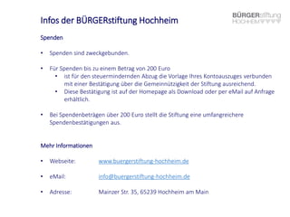 Infos der BÜRGERstiftung Hochheim
Spenden
• Spenden sind zweckgebunden.
• Für Spenden bis zu einem Betrag von 200 Euro
• ist für den steuermindernden Abzug die Vorlage Ihres Kontoauszuges verbunden
mit einer Bestätigung über die Gemeinnützigkeit der Stiftung ausreichend.
• Diese Bestätigung ist auf der Homepage als Download oder per eMail auf Anfrage
erhältlich.
• Bei Spendenbeträgen über 200 Euro stellt die Stiftung eine umfangreichere
Spendenbestätigungen aus.
Mehr Informationen
• Webseite: www.buergerstiftung-hochheim.de
• eMail: info@buergerstiftung-hochheim.de
• Adresse: Mainzer Str. 35, 65239 Hochheim am Main
 