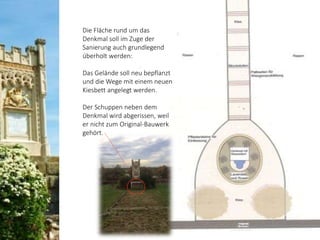 Die Fläche rund um das
Denkmal soll im Zuge der
Sanierung auch grundlegend
überholt werden:
Das Gelände soll neu bepflanzt
und die Wege mit einem neuen
Kiesbett angelegt werden.
Der Schuppen neben dem
Denkmal wird abgerissen, weil
er nicht zum Original-Bauwerk
gehört.
 