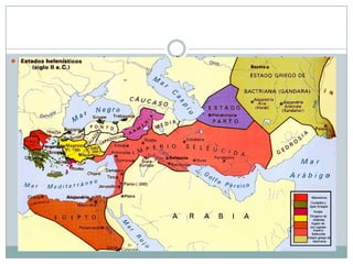  Aquesta situació va ser aprofitada durant el segle IV pels

macedonis que, sota el lideratge de Filip II i el seu fill
Alexandre el Gran, van unificar totes les polis gregues i van
aconseguir el somni hel·lènic de conquerir els dominis de
l’Imperi persa. La mort sobtada d’Alexandre l’any 323 a. C. va
fragmentar l’imperi macedoni en diversos regnes, i la cultura
grega es va traslladar cap a Orient, on van prosperar noves
ciutats, com Pèrgam o Alexandria. Malgrat la decadència
política, la sòlida cultura grega va servir de referència als
regnes orientals, que van reflectir aquesta hel·lenització en les
seves creacions artístiques. La influència grega va arribar a
l’últim terç del segle I a. C. quan Roma va aconseguir el domini
del Mediterrani i va absorbir part de la cultura grega seguint la
màxima d’ Horaci: “Graecia capta ferum victorem cepit”.

 