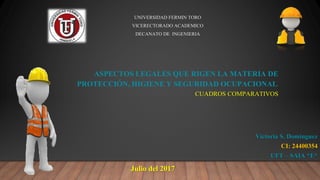 UNIVERSIDAD FERMIN TORO
VICERECTORADO ACADEMICO
DECANATO DE INGENIERIA
ASPECTOS LEGALES QUE RIGEN LA MATERIA DE
PROTECCIÓN, HIGIENE Y SEGURIDAD OCUPACIONAL.
CUADROS COMPARATIVOS
Julio del 2017
Victoria S. Dominguez
CI: 24400354
UFT – SAIA *E*
 