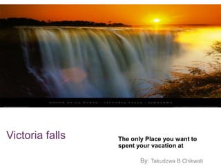 +




Victoria falls   The only Place you want to
                 spent your vacation at

                        By: Takudzwa B Chikwati
 